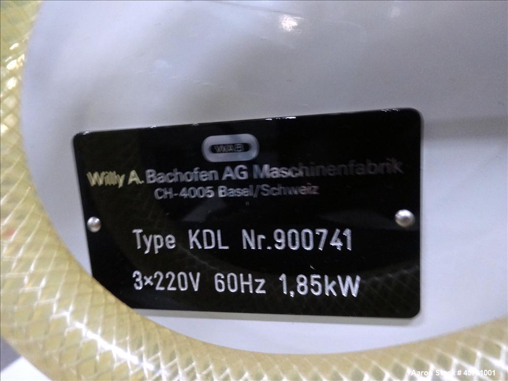 Used Dyno Mill Laboratory Mill, Model Type KDL, Horizontal. Approximately 0.3 liter glass grinding chamber, approximately 6" diameter x 2-1/4" deep. Has approximately 3.77" diameter polyurethane agit...
