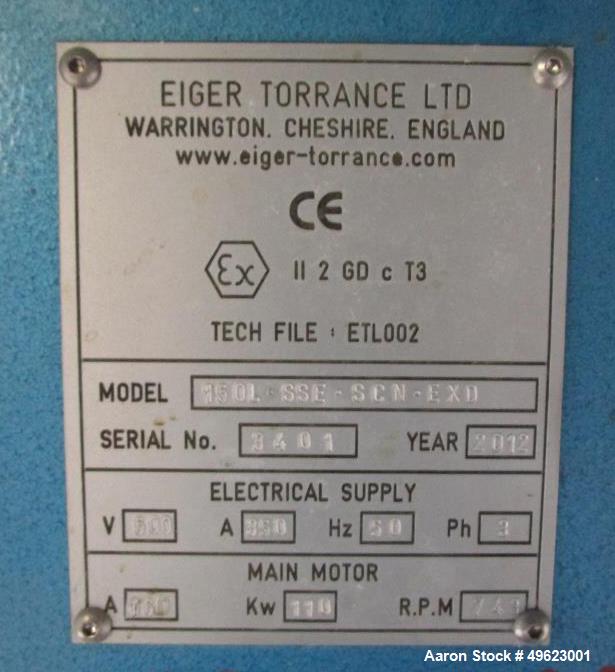 Used- Eiger Torrance Ltd Horizontal Sand Mill, Model 150L-SSE-SCN-EXD. Material of construction: carbon steel hard chrome pl...