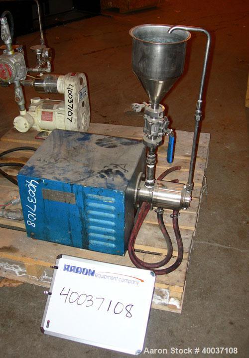 Used Eiger Mini Motor Media Mill, Model 250, stainless steel, horizontal. Approximately 250 ML jacketed chamber, up to 1 gallon batch capacity. Driven by an approximate 1/4 hp motor.
