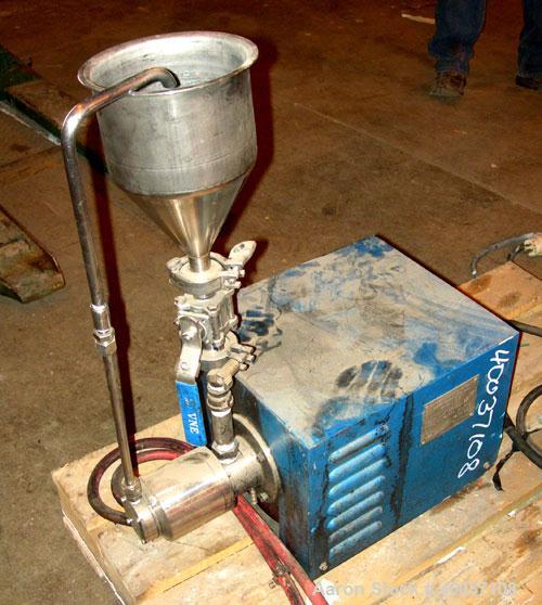 Used Eiger Mini Motor Media Mill, Model 250, stainless steel, horizontal. Approximately 250 ML jacketed chamber, up to 1 gallon batch capacity. Driven by an approximate 1/4 hp motor.
