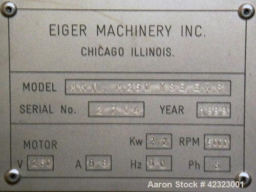 Used Eiger Machinery Mini Motor Media Mill, model MKII-M250-VSE-EXP, 304 stainless steel. Horizontal jacketed chamber approximately 2’’ diameter x 6’’ long. Sample size 50-120 mls, bead charge 20-40 ...
