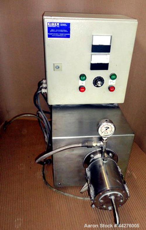 Used Eiger Pilot Horizontal Media Mill, Model Pilot Mill 0.75. Electrics 3/60/230V. Internal capacity is 0.75 liters. Includes feed pump driven by a 0.5HP motor. Integral control panel includes start...