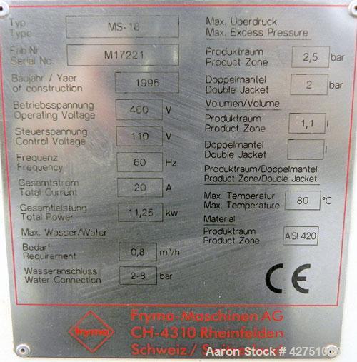 Used Fryma CoBall Annular Gap Bead Mill, Model MS-18