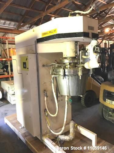 Used Fryma Coball Mill, Model MS-50. High performance annular gap bead mill for sub-micron milling. Capacity: 4 m3/hr. Capacity size 3 gallon(11.4 liter). Capacity range approximately: 150-1000kg/hr....