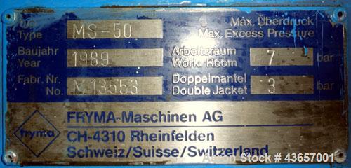 Used Fryma CoBall Annular Gap Bead Mill, Model MS-50. 316 Stainless steel product contact areas. Jacketed bowl, grinding volume 8 liter (2.11 gallon). Jacket rated 3 bar (43.5 psi). Approximate throu...