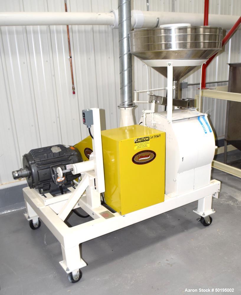 Used Meadows Mills Stone Burr Mill, Model 20N, Carbon Steel. Includes a feed hopper. Driven by a 10hp motor. Set up with blower discharge. Mounted on a frame with casters. Serial# 34523-13.  ADD 18% ...