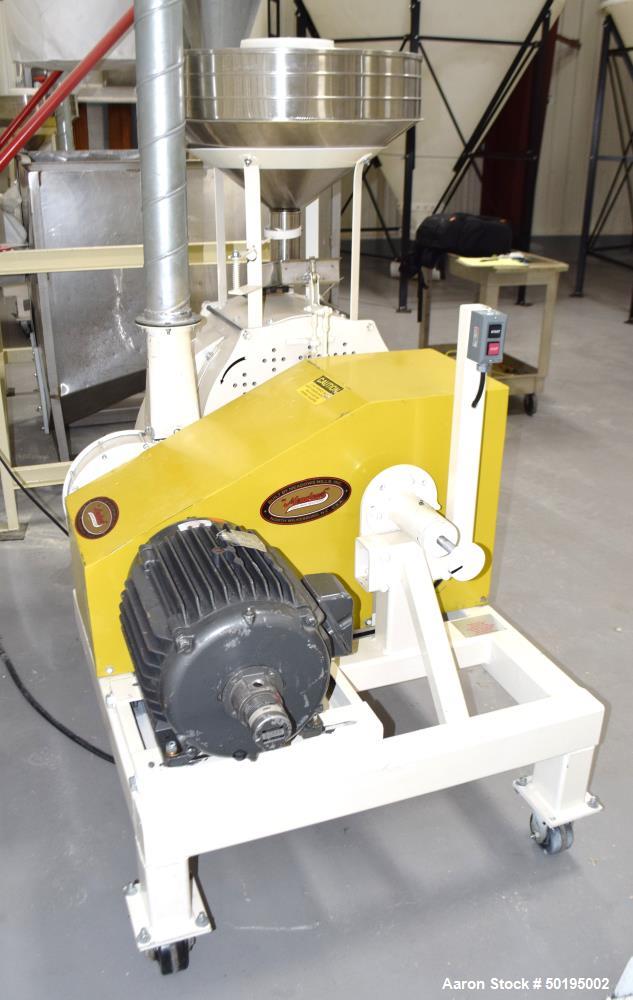 Used Meadows Mills Stone Burr Mill, Model 20N, Carbon Steel. Includes a feed hopper. Driven by a 10hp motor. Set up with blower discharge. Mounted on a frame with casters. Serial# 34523-13.  ADD 18% ...