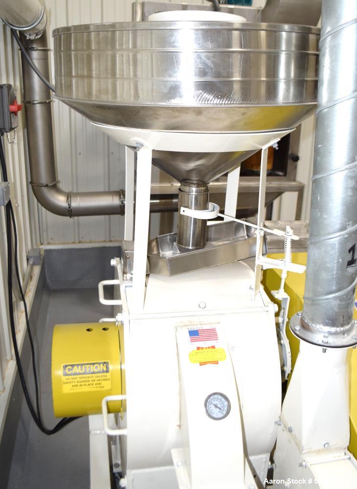 Used Meadows Mills Stone Burr Mill, Model 20N, Carbon Steel. Includes a feed hopper. Driven by a 10hp motor. Set up with blower discharge. Mounted on a frame with casters. Serial# 34521-13.  ADD 18% ...