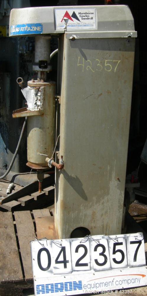 USED: Morehouse-Cowles model 5-5 sand mill, 5 gallon capacity. 7-1/2 hp XP belt drive. 230/460V/1750 rpm. Viking HL-32 feed pump. 1 hp varispeed drive XP. 25.1:1 ratio output. 1978 vintage.