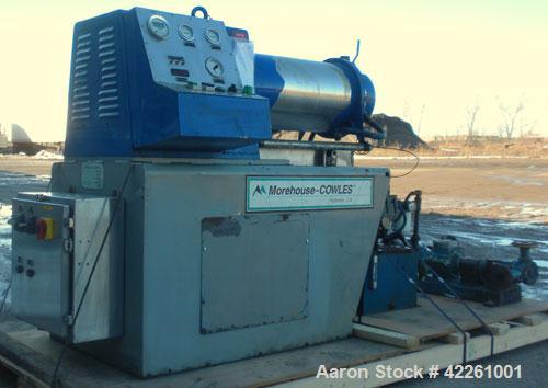 Used Morehose Cowles Zinger Horizontal Media Mill, Model LV-40F, 304 Stainless Steel. Approximately 11" diameter x 28" long stainless steel jacketed telescoping chamber, 10 gallon empty volume. Carbo...