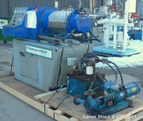 Used Morehose Cowles Zinger Horizontal Media Mill, Model LV-40F, 304 Stainless Steel. Approximately 11" diameter x 28" long stainless steel jacketed telescoping chamber, 10 gallon empty volume. Carbo...