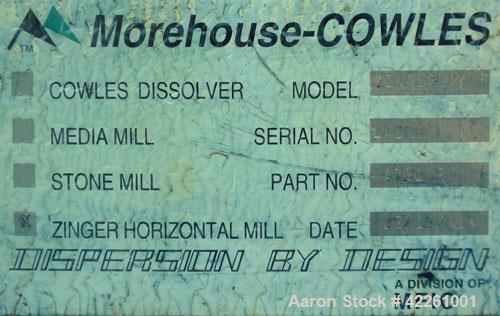 Used Morehose Cowles Zinger Horizontal Media Mill, Model LV-40F, 304 Stainless Steel. Approximately 11" diameter x 28" long stainless steel jacketed telescoping chamber, 10 gallon empty volume. Carbo...
