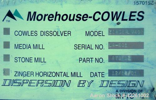 Used Morehose Cowles Zinger Horizontal Media Mill, Model LV-40F, 304 Stainless Steel. Approximately 11" diameter x 28" long stainless steel jacketed telescoping chamber, 10 gallon empty volume. Carbo...
