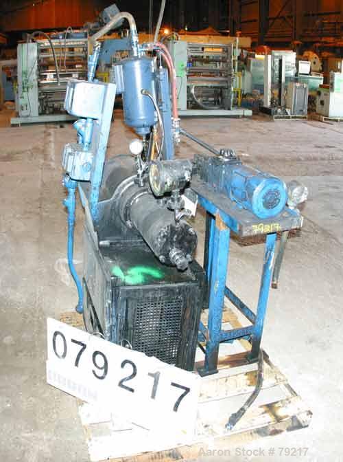 USED: Netsch horizontal jacketed media mill, model 4, stainless steel. Approximate 5" diameter x 14" long chamber. 1.1 gallon capacity. Manual speed adjustment. Driven by an approximate 7.5 hp motor....