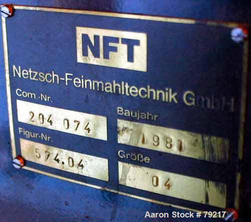 USED: Netsch horizontal jacketed media mill, model 4, stainless steel. Approximate 5" diameter x 14" long chamber. 1.1 gallon capacity. Manual speed adjustment. Driven by an approximate 7.5 hp motor....