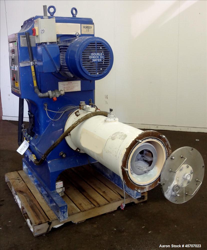 Used Netzsch Horizontal Media Mill, Model LMC60(E), Carbon Steel Jacketed Chamber, Porcelain Lined. Capacity 49.5 liters. Chamber approximately 11-3/4" diameter x 36" long with disc type agitator wit...
