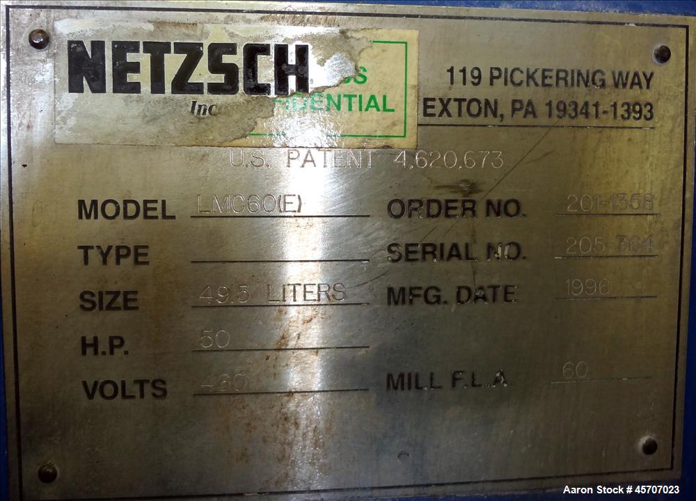 Used Netzsch Horizontal Media Mill, Model LMC60(E), Carbon Steel Jacketed Chamber, Porcelain Lined. Capacity 49.5 liters. Chamber approximately 11-3/4" diameter x 36" long with disc type agitator wit...