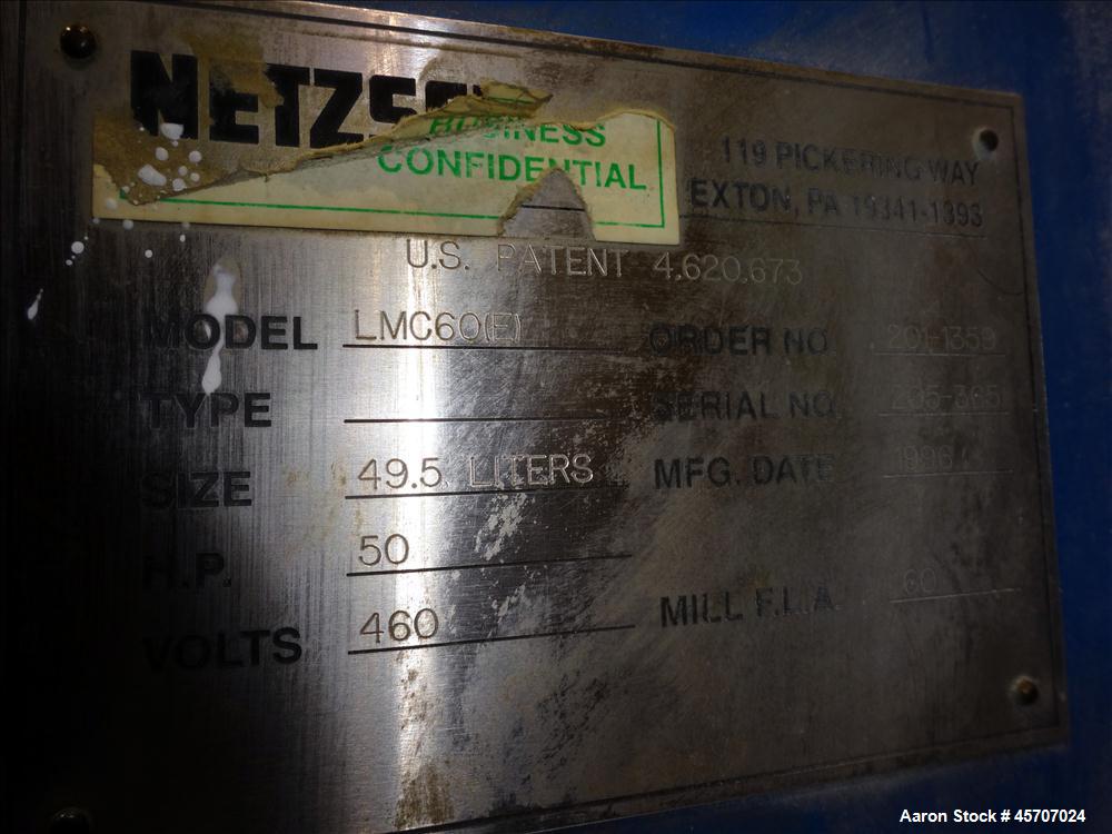 Used Netzsch Horizontal Media Mill, Model LMC60(E), Carbon Steel Jacketed Chamber, Porcelain Lined. Capacity 49.5 liters. Chamber approximately 11-3/4" diameter x 36" long with disc type agitator wit...