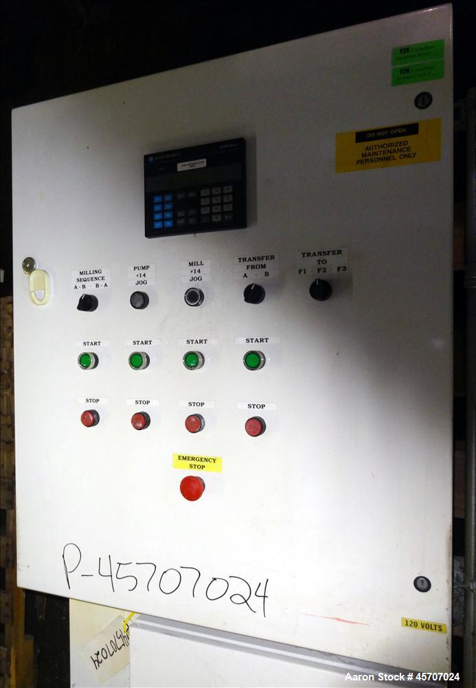 Used Netzsch Horizontal Media Mill, Model LMC60(E), Carbon Steel Jacketed Chamber, Porcelain Lined. Capacity 49.5 liters. Chamber approximately 11-3/4" diameter x 36" long with disc type agitator wit...