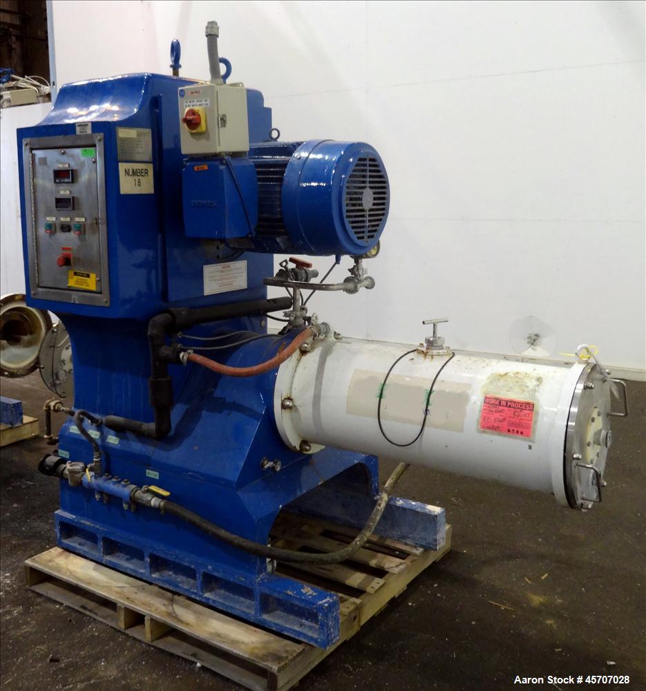 Used Netzsch Horizontal Media Mill, Model LMC60(E), Carbon Steel Jacketed Chamber, Porcelain Lined. Capacity 49.5 liters. Chamber approximately 11-3/4" diameter x 36" long with disc type agitator wit...