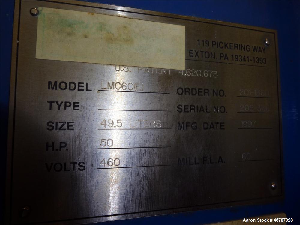 Used Netzsch Horizontal Media Mill, Model LMC60(E), Carbon Steel Jacketed Chamber, Porcelain Lined. Capacity 49.5 liters. Chamber approximately 11-3/4" diameter x 36" long with disc type agitator wit...
