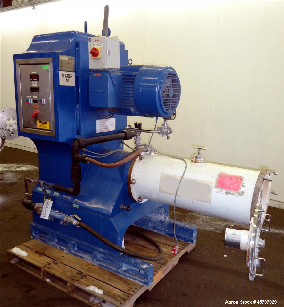 Used Netzsch Horizontal Media Mill, Model LMC60(E), Carbon Steel Jacketed Chamber, Porcelain Lined. Capacity 49.5 liters. Chamber approximately 11-3/4" diameter x 36" long with disc type agitator wit...