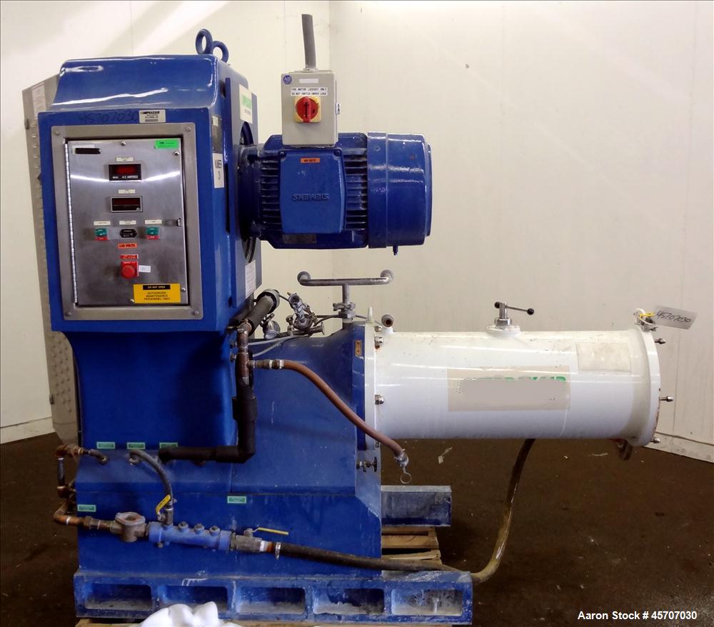 Used Netzsch Horizontal Media Mill, Model LMC60(E), Carbon Steel Jacketed Chamber, Porcelain Lined. Capacity 49.5 liters. Chamber approximately 11-3/4" diameter x 36" long with disc type agitator wit...