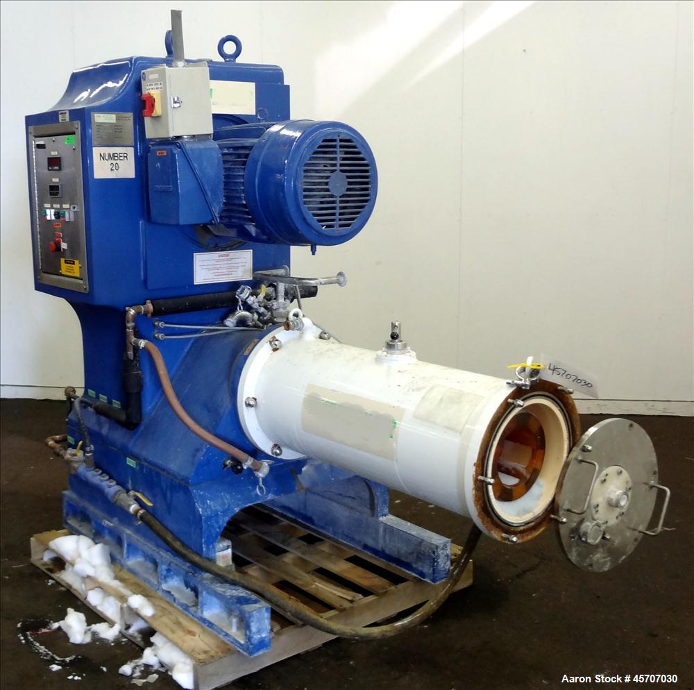Used Netzsch Horizontal Media Mill, Model LMC60(E), Carbon Steel Jacketed Chamber, Porcelain Lined. Capacity 49.5 liters. Chamber approximately 11-3/4" diameter x 36" long with disc type agitator wit...