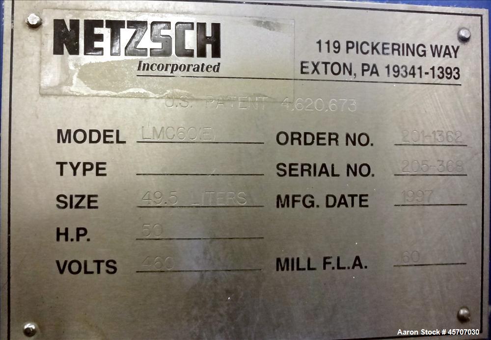 Used Netzsch Horizontal Media Mill, Model LMC60(E), Carbon Steel Jacketed Chamber, Porcelain Lined. Capacity 49.5 liters. Chamber approximately 11-3/4" diameter x 36" long with disc type agitator wit...