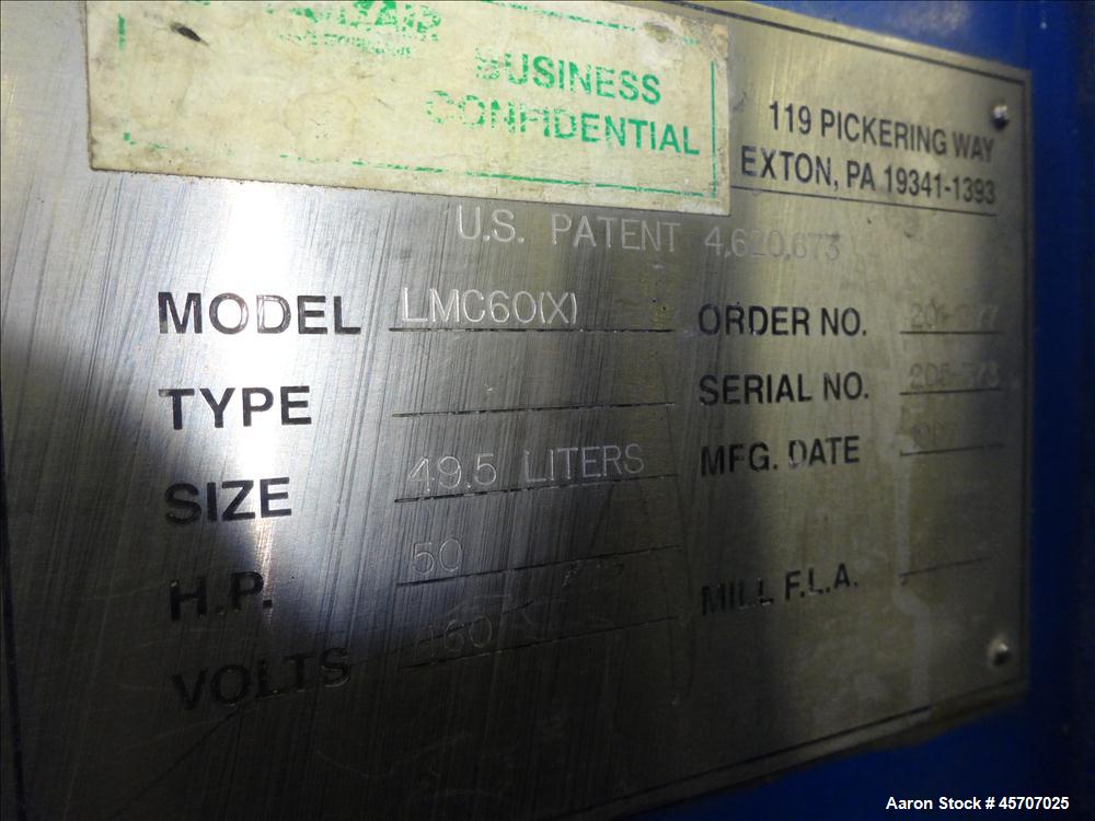 Used Netzsch Horizontal Media Mill, Model LMC60(X), Carbon Steel Jacketed Chamber, Porcelain Lined. Capacity 49.5 liters. Chamber approximately 11-3/4" diameter x 36" long with disc type agitator wit...
