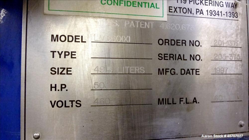 Used Netzsch Horizontal Media Mill, Model LMC60(X), Carbon Steel Jacketed Chamber, Porcelain Lined. Capacity 49.5 liters. Chamber approximately 11-3/4" diameter x 36" long, with no disks or separator...
