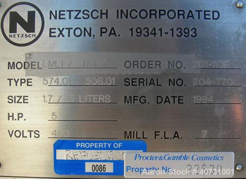 Used Netzsch Horizontal Media Mill, model LME1/LMJ05, type 574.01/506.01. Chrome lined chamber with stationary pins, approximately 3 7/8" diameter x 5" long, Hastelloy D jacket. 1.7/ .5 liter capacit...