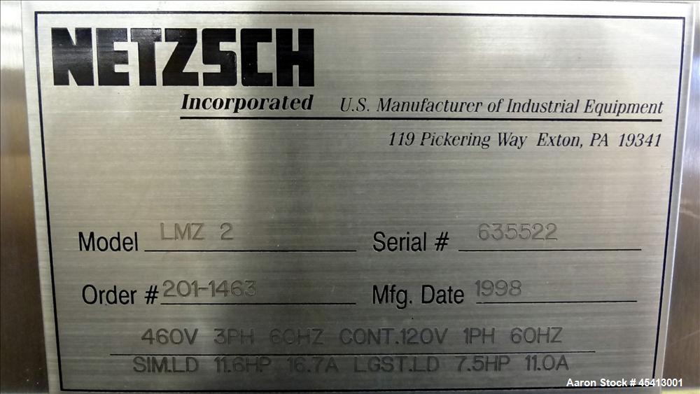 Used Stainless Steel Netzsch Small Horizontal Media Mill, Model LME4 / LMZ2