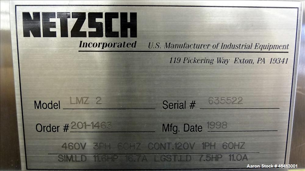 Used- Stainless Steel Netzsch Small Horizontal Media Mill, Model LME4 / LMZ2