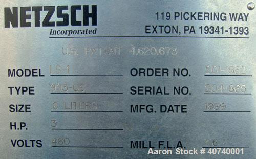 Used Netzsch Labstar Media Mill, Model LS-1, Type 993-06, .6 Liter Capacity.  Approximate 3 3/4" diameter, 316 stainless steel, chamber x approximately 4 11/16" deep.  1 1/2" inlet/outlet.  316 stain...