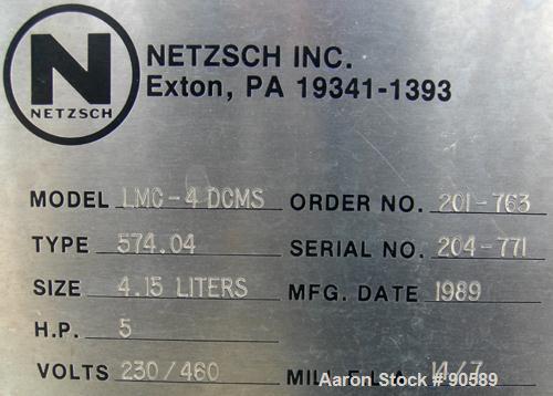 USED:Netzsch Mill, type 5740.4, model LMC-4DCMS, capacity 4.15 liters.304 stainless steel construction.6" diameter barrel.Driven by a 5 hp, 3/60/230/460 volt, 1730 rpm varispeed motor.Control panel u...