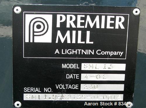 USED: Premier horizontal Supermill, model SML-1.5. 1.5 liter (.39 gallon) capacity, 304 stainless steel. Jacketed chamber approximately 4" diameter x 8" long with milling discs. Driven by a 7.5 hp, 3...