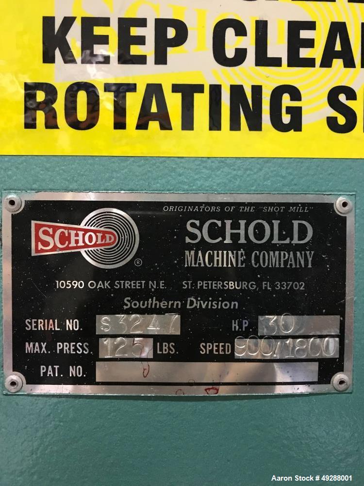 Used Schold Machine High Speed Vertical Media / Shot / Sand Mill. 30 hp motor. Max press. 125 lbs. Speed. 900/1800 rpm. Reported to be reconditioned.