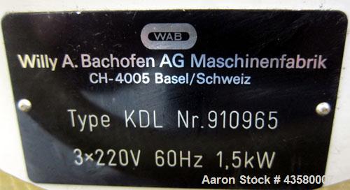 Used WAB Willy A. Bachofen Dyno-Mill, Model KDL, 316 Stainless Steel. Approximate capacity 0.3 to 0.6 liters. 3” Diameter x 6” deep jacketed chamber, no mixing rotor. Driven by an approximate 1.5kw, ...