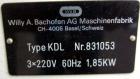 Used WAB Willy A. Bachofen Dyno-Mill, Model KDL. Parts machine only. Approximate 1.85kw, 60hz motor.