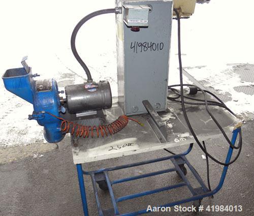 Used Gruendler Crusher & Pulverizer Axial Grinder/Hammer Mill, model “O”, carbon steel. Approximate 8" diameter x 3" deep chamber with (4) swinging stirrup hammers. Side hinged door with feed chute. ...