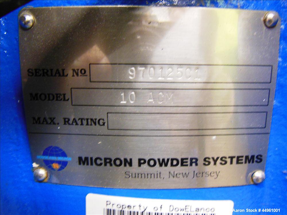 Used Hosokawa Micron Powder Systems ACM Air Classifying Mill, Model 10 ACM, 304 Stainless Steel. Approximate 11" diameter grinding chamber. Rotor driven by a 10 hp, 3/60/230/460 volt, 3500 rpm XP mot...