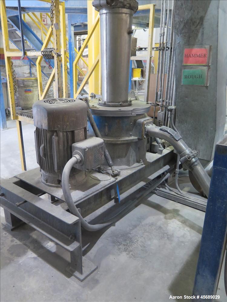 Used Hosokawa Mikropul Pulverizer, Model 30ACM.  Carbon Steel Construction.  Includes; Kemutec Sifter, Model K650, Cyclone, Mikro-Pulsaire Dust Collector, Schmalz Box Lifter, Toledo Scale and Control...