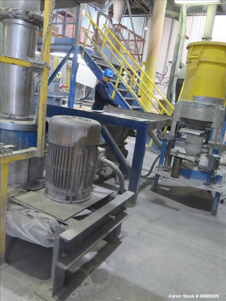 Used Hosokawa Mikropul Pulverizer, Model 30ACM.  Carbon Steel Construction.  Includes; Kemutec Sifter, Model K650, Cyclone, Mikro-Pulsaire Dust Collector, Schmalz Box Lifter, Toledo Scale and Control...