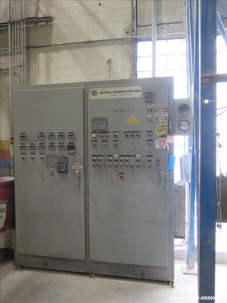 Used Hosokawa Mikropul Pulverizer, Model 30ACM.  Carbon Steel Construction.  Includes; Kemutec Sifter, Model K650, Cyclone, Mikro-Pulsaire Dust Collector, Schmalz Box Lifter, Toledo Scale and Control...