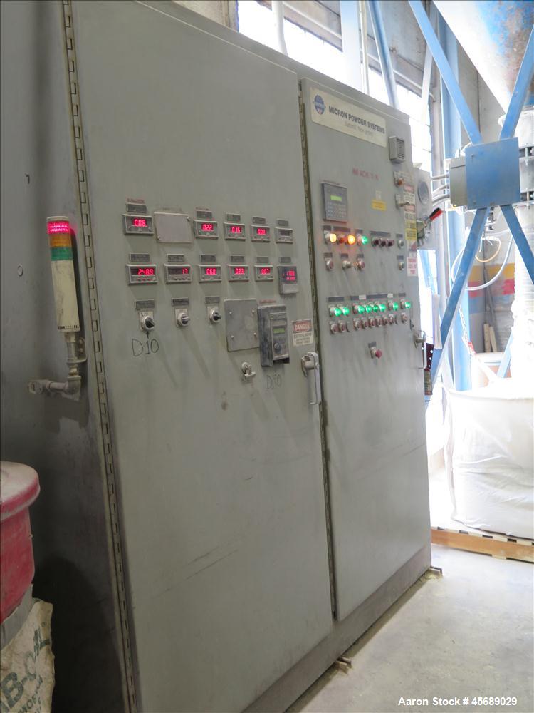 Used Hosokawa Mikropul Pulverizer, Model 30ACM.  Carbon Steel Construction.  Includes; Kemutec Sifter, Model K650, Cyclone, Mikro-Pulsaire Dust Collector, Schmalz Box Lifter, Toledo Scale and Control...