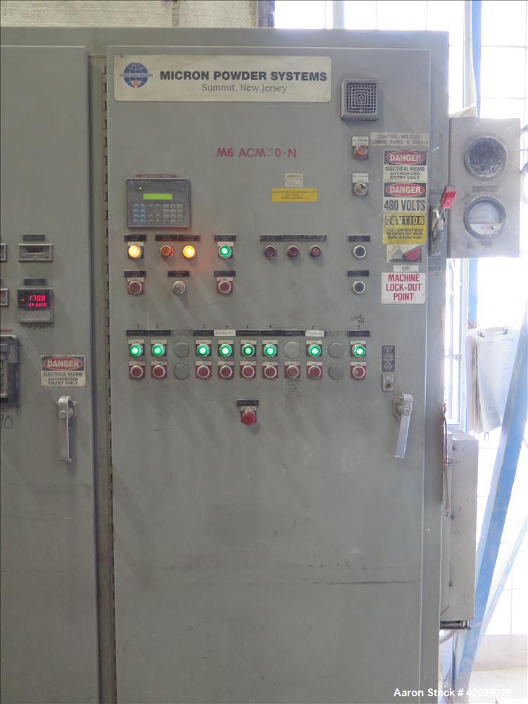 Used Hosokawa Mikropul Pulverizer, Model 30ACM.  Carbon Steel Construction.  Includes; Kemutec Sifter, Model K650, Cyclone, Mikro-Pulsaire Dust Collector, Schmalz Box Lifter, Toledo Scale and Control...
