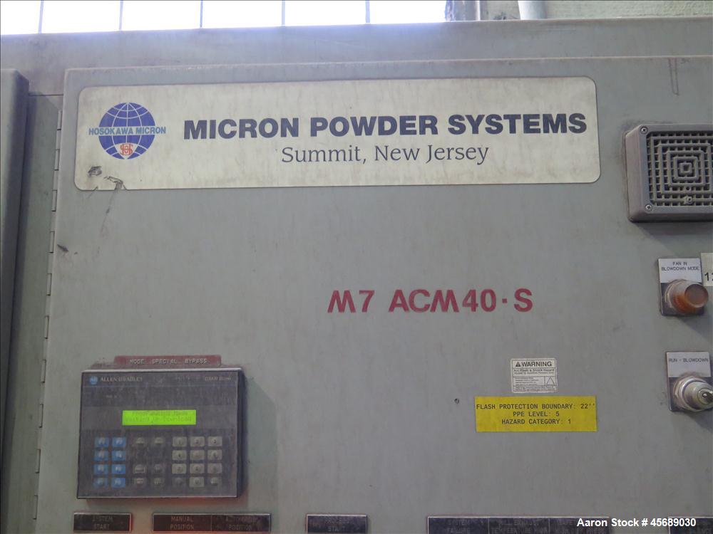 Used Hosokawa Mikropul Pulverizer, Model 40ACM.  Carbon Steel Construction.  Includes; AZO Sifter, Model E650, Cyclone, Mikro-Pulsaire Dust Collector, Schmalz Box Lifter, Toledo Scale and Control.  C...