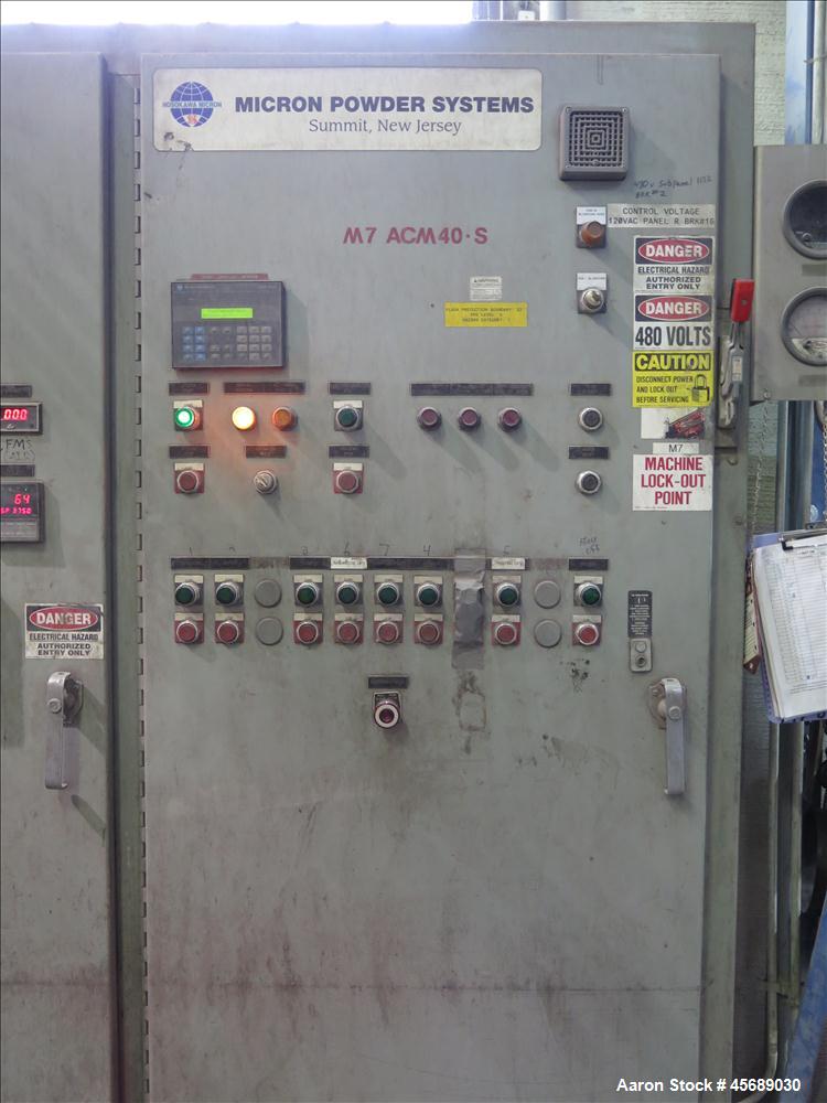 Used Hosokawa Mikropul Pulverizer, Model 40ACM.  Carbon Steel Construction.  Includes; AZO Sifter, Model E650, Cyclone, Mikro-Pulsaire Dust Collector, Schmalz Box Lifter, Toledo Scale and Control.  C...