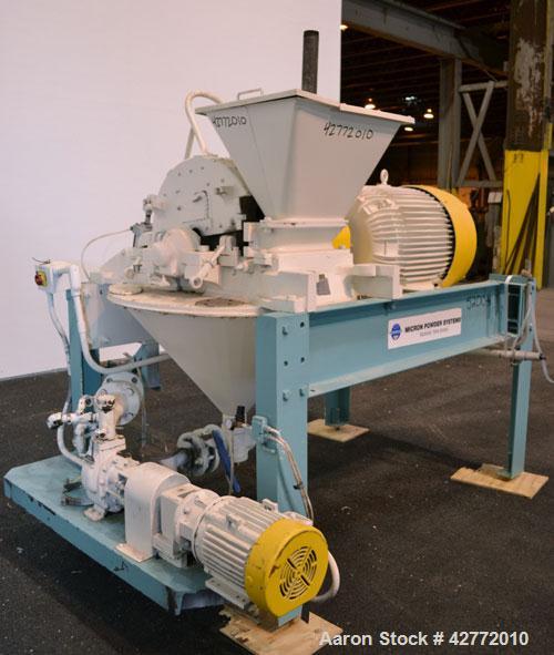 Used Micron Powder Systems Mikro Pulverizer Hammer Mill, Model 4SCB, Carbon Steel. 20" Diameter x 12" wide rotor with 4 rows swinging stirrup hammers. Top gravity feed hopper, no bottom screen. Botto...